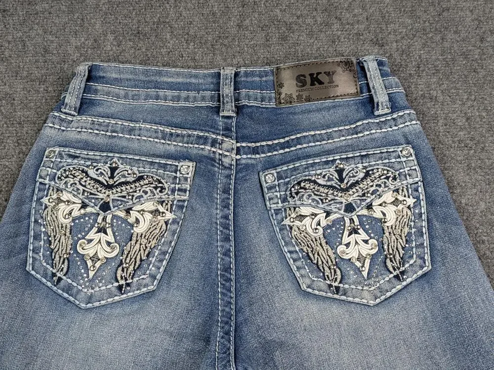 Sky Jeans Juniors 7/8 Blue Flare Low Rise Sparkle Butt Rhinestone Embroidered